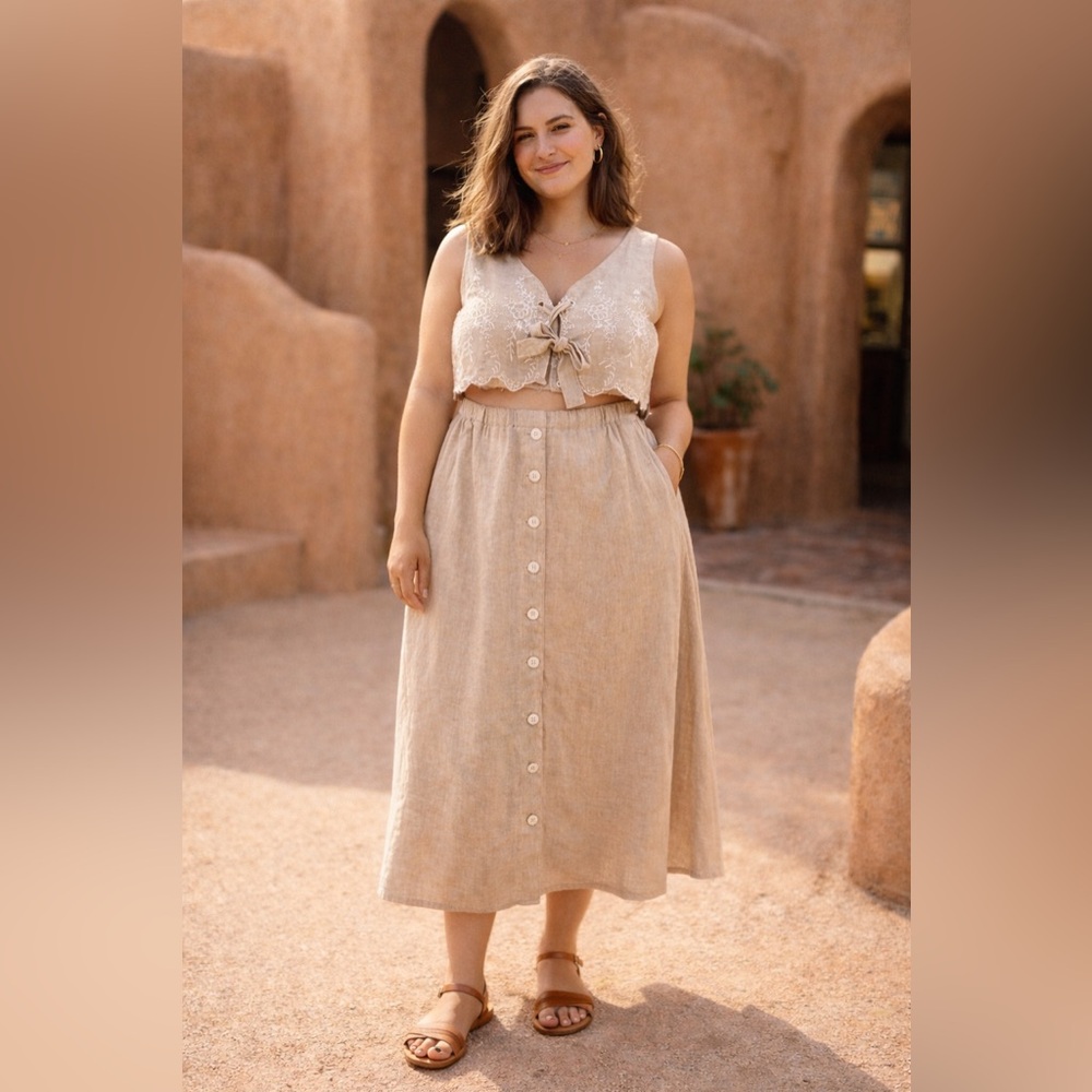 Beige Embroidered Crop Top and Skirt Set linen Doen Cottagecore